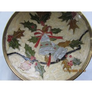 Brass cloisonne brass candy dish bowl Christmas dish jingle bells holly India